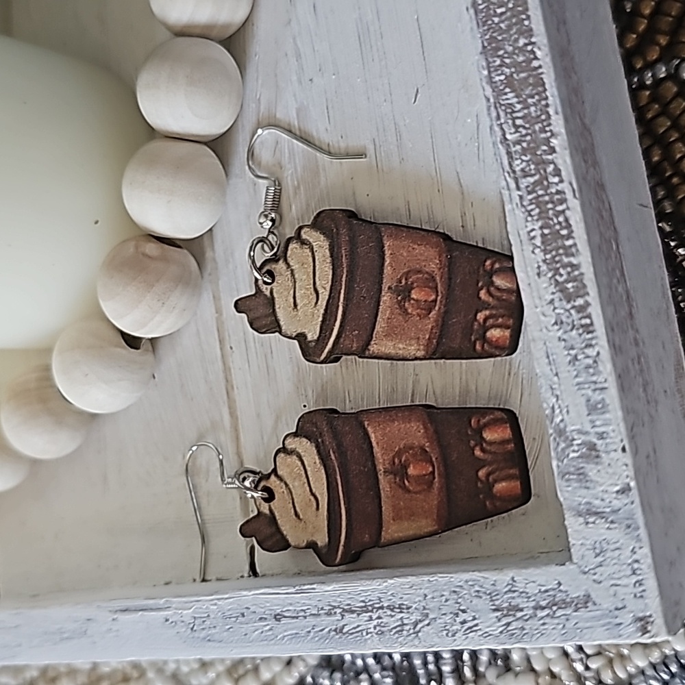 Wooden pumpkin spice earrings. Never worn